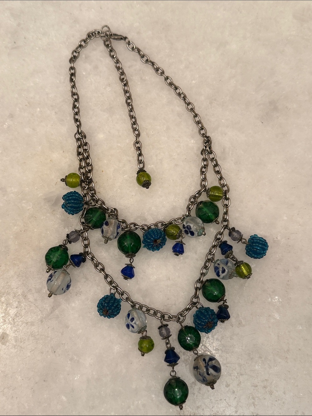 90s Vintage Blue Green glass Bead  cluster Necklace